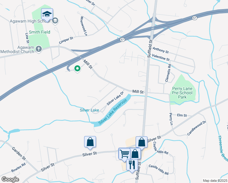 map of restaurants, bars, coffee shops, grocery stores, and more near 234 Silver Lake Drive in Agawam