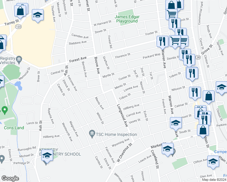 map of restaurants, bars, coffee shops, grocery stores, and more near 4 Longwood Avenue in Brockton