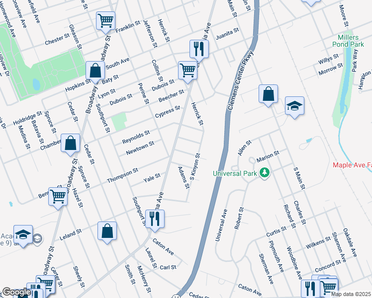 map of restaurants, bars, coffee shops, grocery stores, and more near 460 Albert Street in Elmira