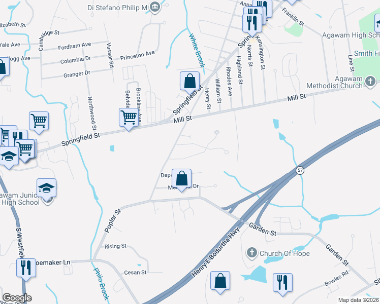 map of restaurants, bars, coffee shops, grocery stores, and more near 43 Westview Lane in Agawam