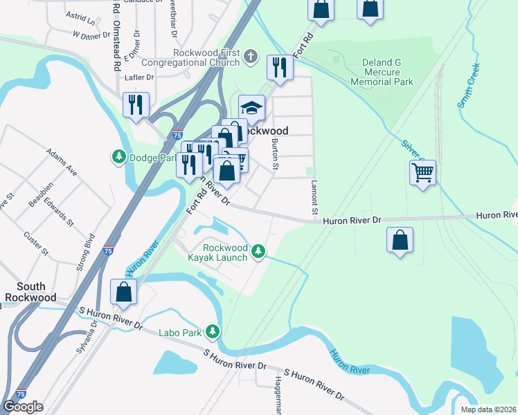 map of restaurants, bars, coffee shops, grocery stores, and more near 22064 Huron River Drive in Rockwood