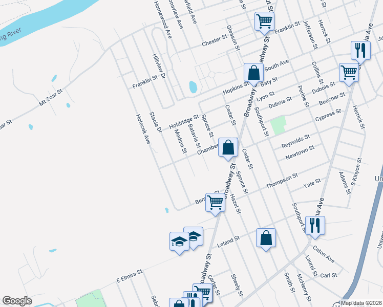 map of restaurants, bars, coffee shops, grocery stores, and more near 661 Medina Street in Elmira