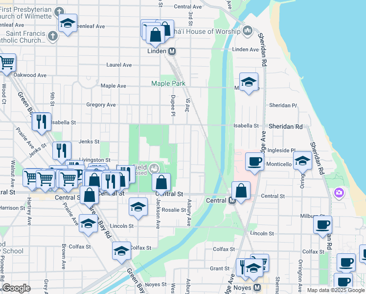 map of restaurants, bars, coffee shops, grocery stores, and more near 1314 Jenks Street in Evanston
