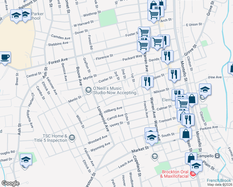 map of restaurants, bars, coffee shops, grocery stores, and more near 173 Tribou Street in Brockton