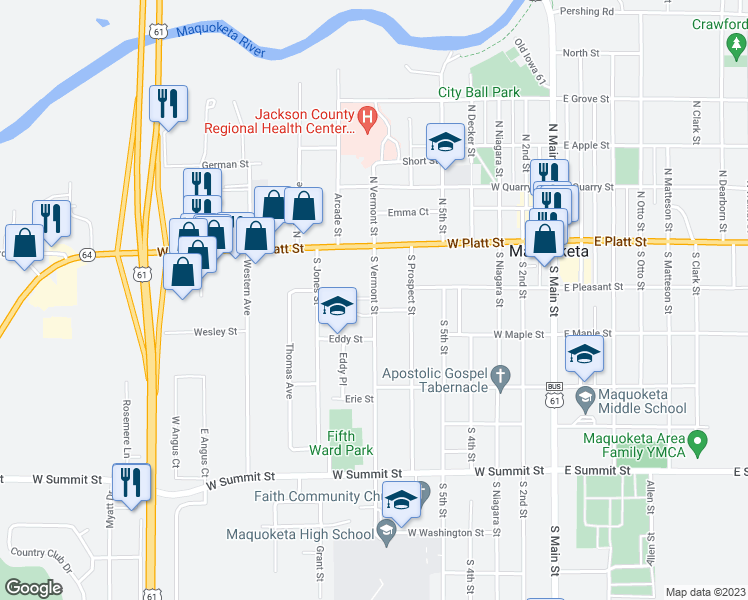 map of restaurants, bars, coffee shops, grocery stores, and more near 116 S Vermont St in Maquoketa