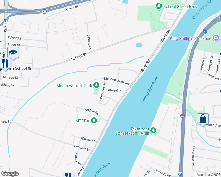 map of restaurants, bars, coffee shops, grocery stores, and more near 48 Merrell Drive in Agawam