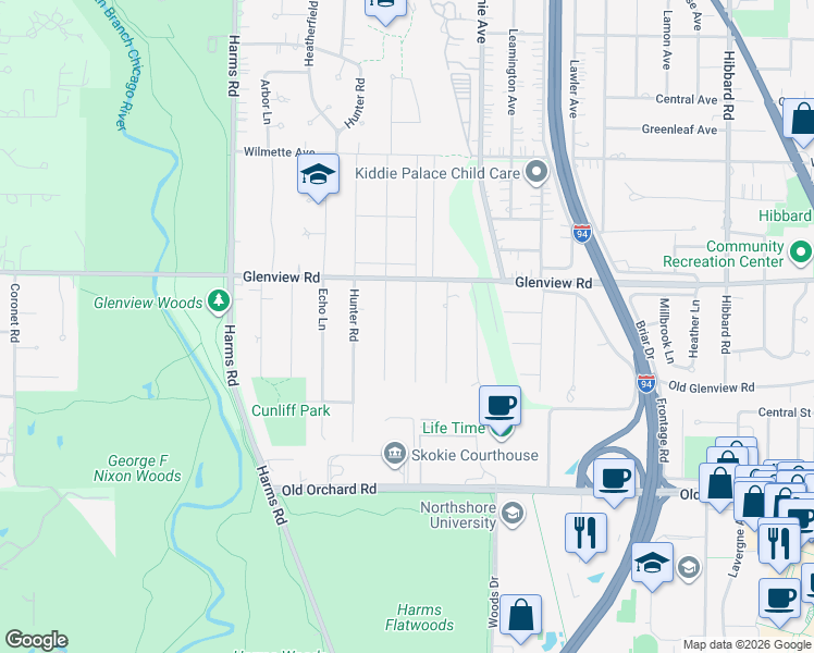map of restaurants, bars, coffee shops, grocery stores, and more near 706 Juniper Road in Glenview