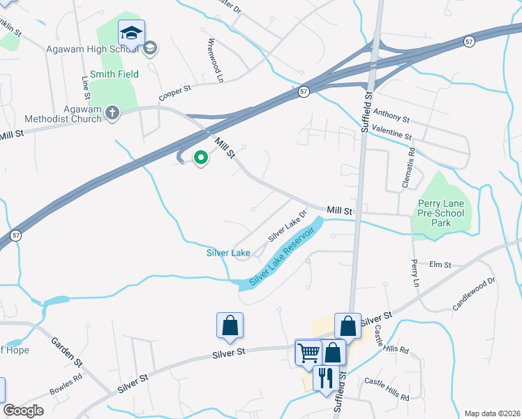 map of restaurants, bars, coffee shops, grocery stores, and more near 33 Maple Meadows Lane in Agawam