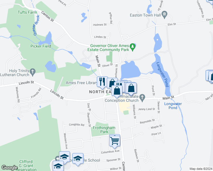 map of restaurants, bars, coffee shops, grocery stores, and more near 54 Main Street in Easton