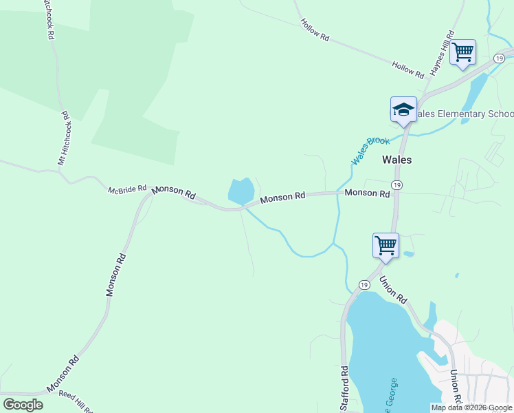 map of restaurants, bars, coffee shops, grocery stores, and more near 32 Monson Road in Wales