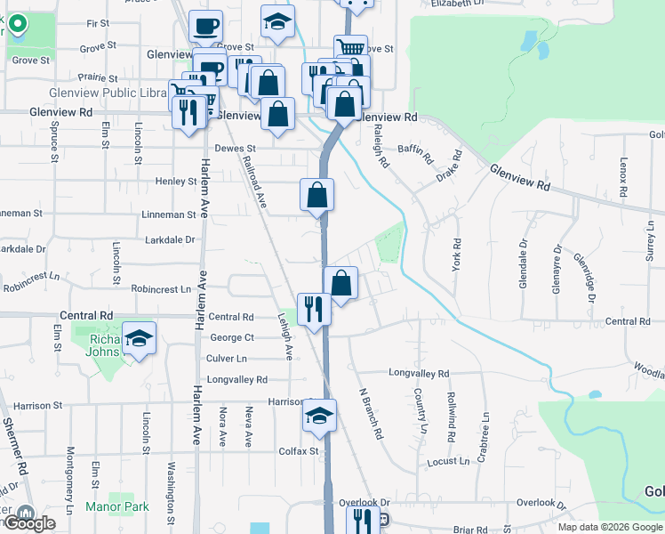 map of restaurants, bars, coffee shops, grocery stores, and more near 706 Carriage Hill Drive in Glenview