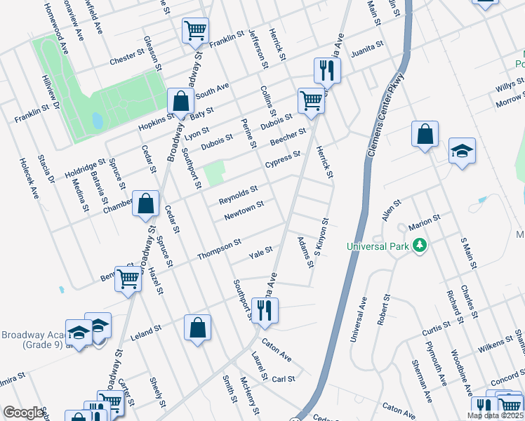 map of restaurants, bars, coffee shops, grocery stores, and more near 625 Newtown Street in Elmira