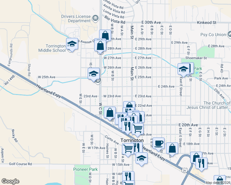map of restaurants, bars, coffee shops, grocery stores, and more near 2317-2399 West B Street in Torrington