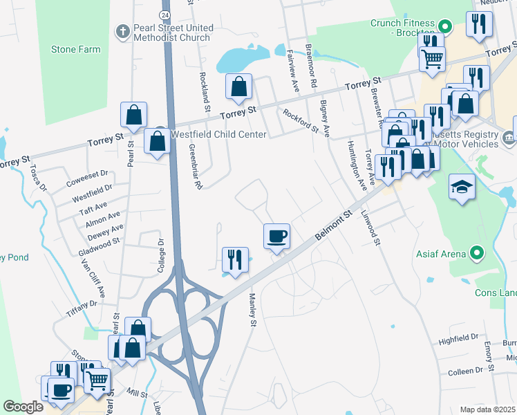 map of restaurants, bars, coffee shops, grocery stores, and more near 71 Belmont Court in Brockton