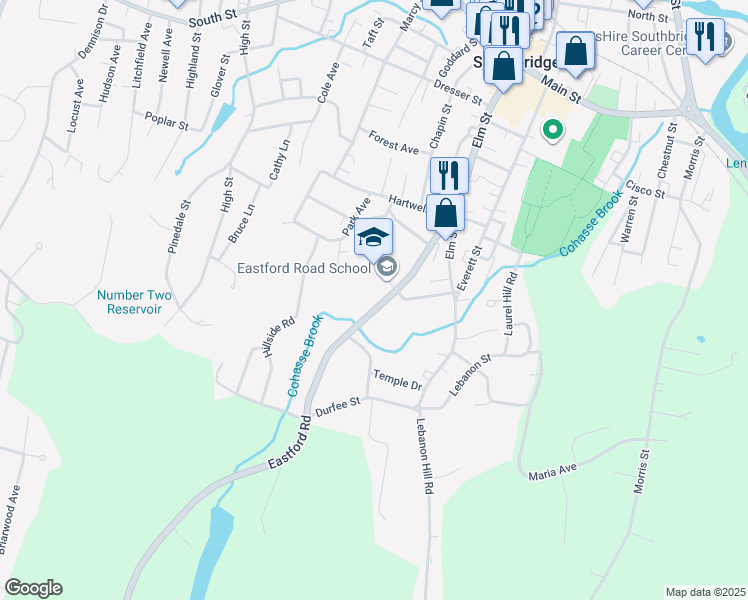 map of restaurants, bars, coffee shops, grocery stores, and more near 134 Eastford Road in Southbridge