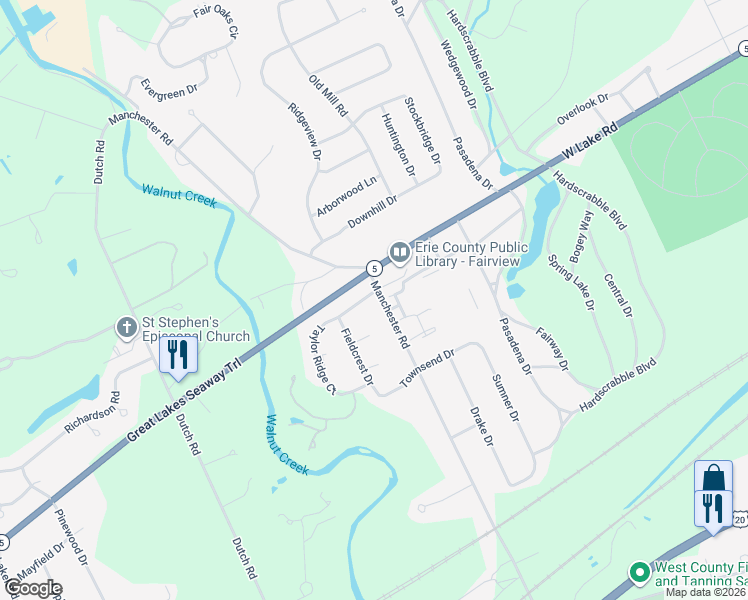 map of restaurants, bars, coffee shops, grocery stores, and more near 6412 Hearthstone Ln in Erie