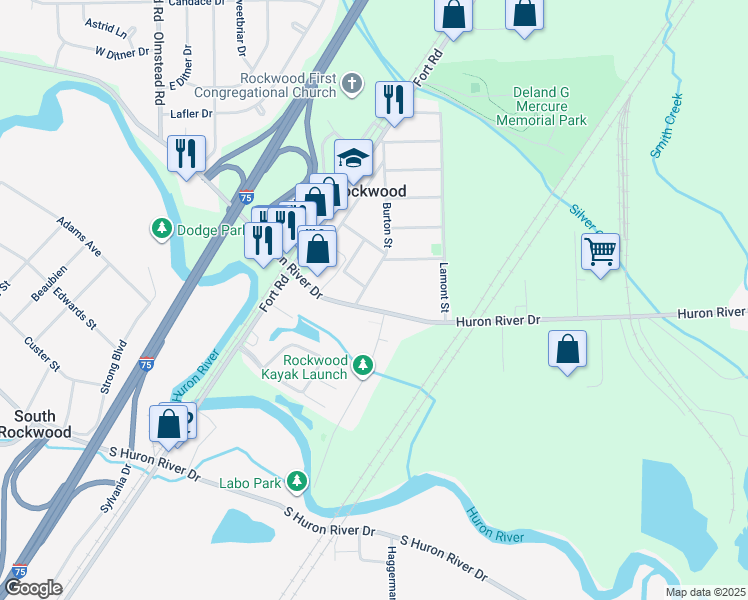 map of restaurants, bars, coffee shops, grocery stores, and more near 22064 Huron River Drive in Rockwood