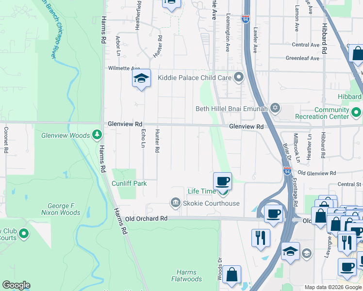 map of restaurants, bars, coffee shops, grocery stores, and more near 711 Indian Road in Glenview