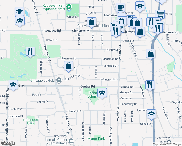 map of restaurants, bars, coffee shops, grocery stores, and more near 648 Lincoln Street in Glenview