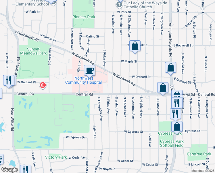 map of restaurants, bars, coffee shops, grocery stores, and more near 612 West Central Road in Arlington Heights