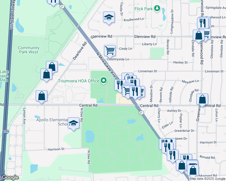 map of restaurants, bars, coffee shops, grocery stores, and more near 3700 Capri Court in Glenview