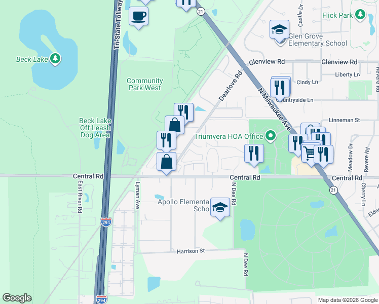 map of restaurants, bars, coffee shops, grocery stores, and more near in Glenview
