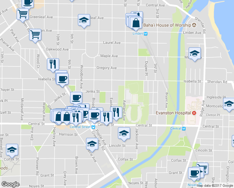 map of restaurants, bars, coffee shops, grocery stores, and more near 1620 Jenks Street in Evanston