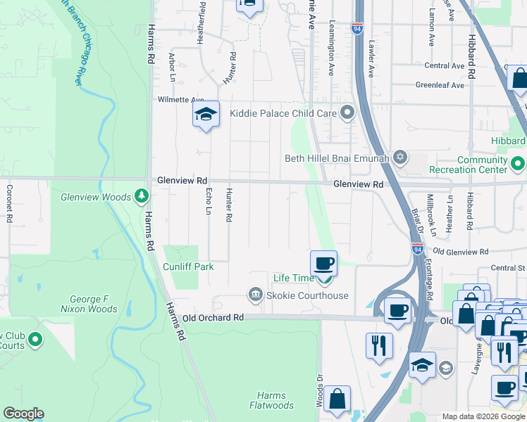 map of restaurants, bars, coffee shops, grocery stores, and more near 711 Indian Road in Glenview