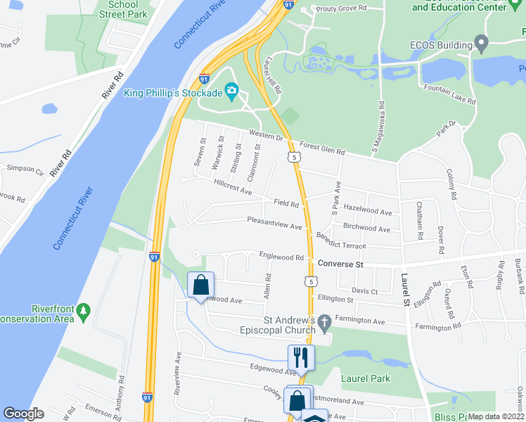 map of restaurants, bars, coffee shops, grocery stores, and more near 16 Windsor Place in Longmeadow