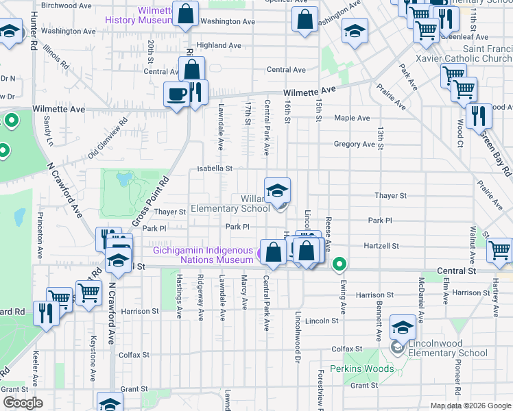 map of restaurants, bars, coffee shops, grocery stores, and more near Thayer Street in Evanston
