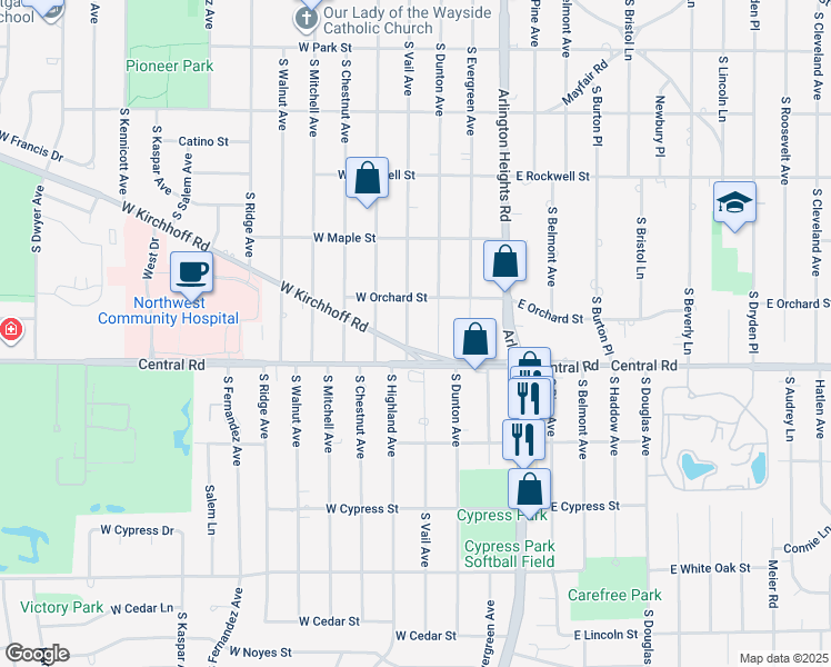 map of restaurants, bars, coffee shops, grocery stores, and more near 925 South Vail Avenue in Arlington Heights