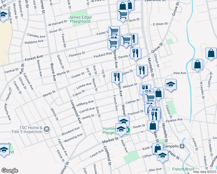 map of restaurants, bars, coffee shops, grocery stores, and more near 6 Stevens Avenue in Brockton
