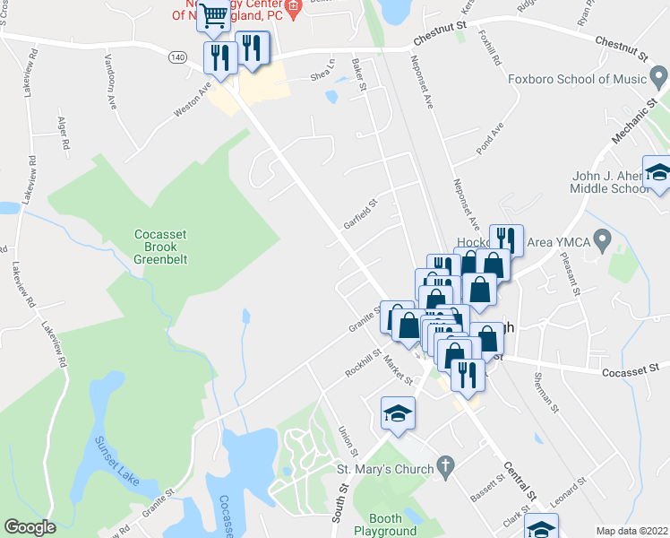 map of restaurants, bars, coffee shops, grocery stores, and more near 7 Pettee Place in Foxborough