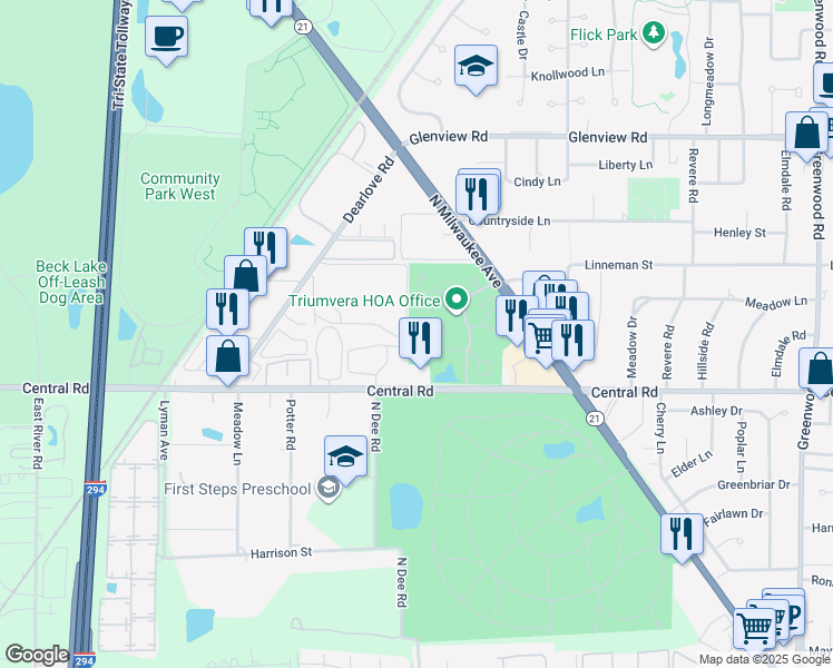 map of restaurants, bars, coffee shops, grocery stores, and more near 4127 Triumvera Drive in Glenview