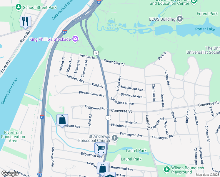 map of restaurants, bars, coffee shops, grocery stores, and more near 123 Longmeadow Street in Longmeadow