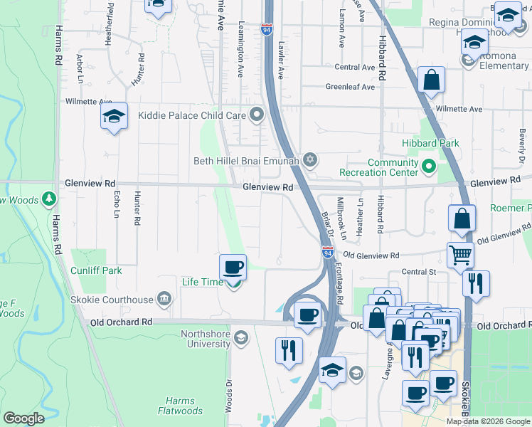 map of restaurants, bars, coffee shops, grocery stores, and more near 715 Long Road in Glenview