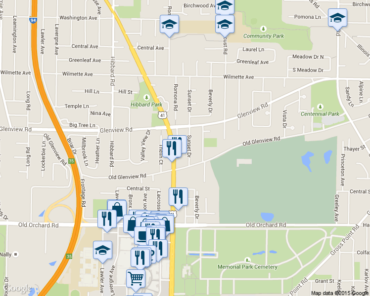 map of restaurants, bars, coffee shops, grocery stores, and more near 219 Sunset Drive in Wilmette