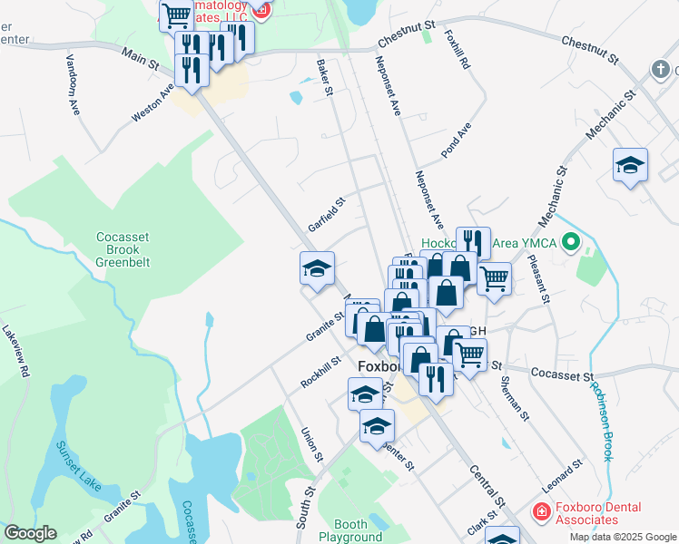 map of restaurants, bars, coffee shops, grocery stores, and more near 43 Main Street in Foxborough