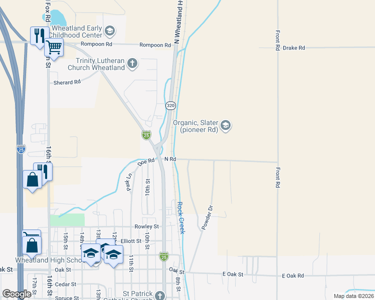 map of restaurants, bars, coffee shops, grocery stores, and more near 17 North Road in Wheatland