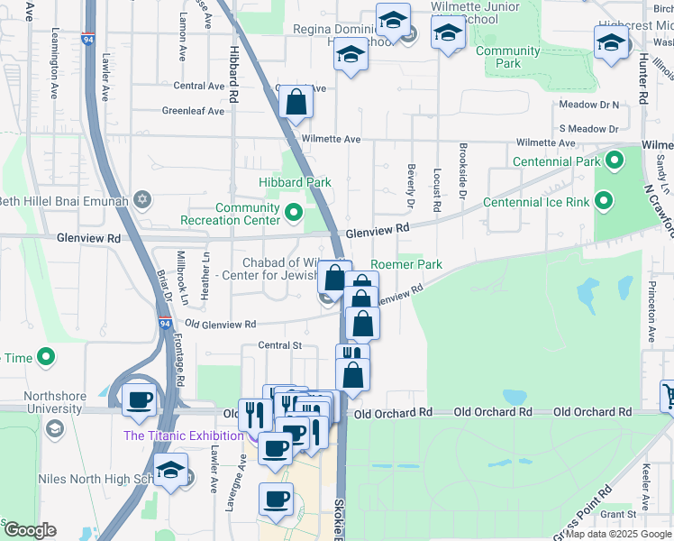 map of restaurants, bars, coffee shops, grocery stores, and more near 225 Skokie Boulevard in Wilmette