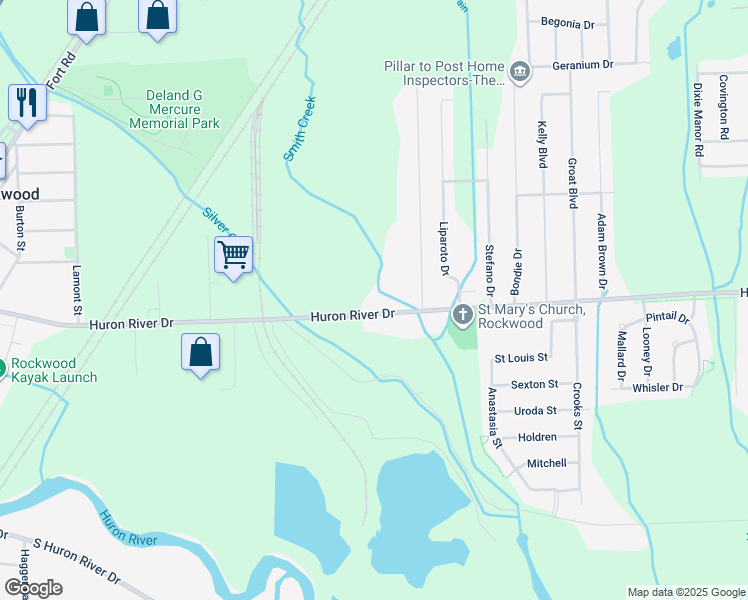 map of restaurants, bars, coffee shops, grocery stores, and more near 20330 Huron River Drive in Rockwood