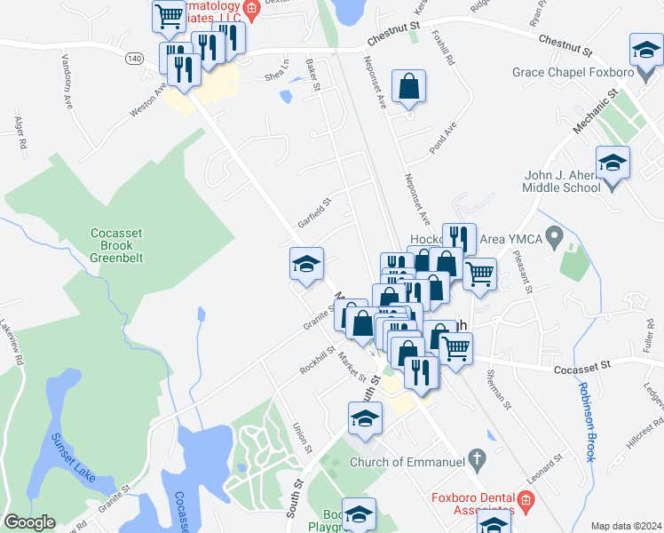 map of restaurants, bars, coffee shops, grocery stores, and more near 41 Main Street in Foxborough