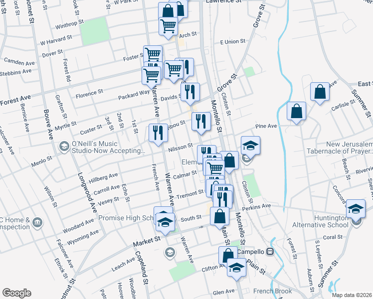 map of restaurants, bars, coffee shops, grocery stores, and more near 151 Laureston Street in Brockton