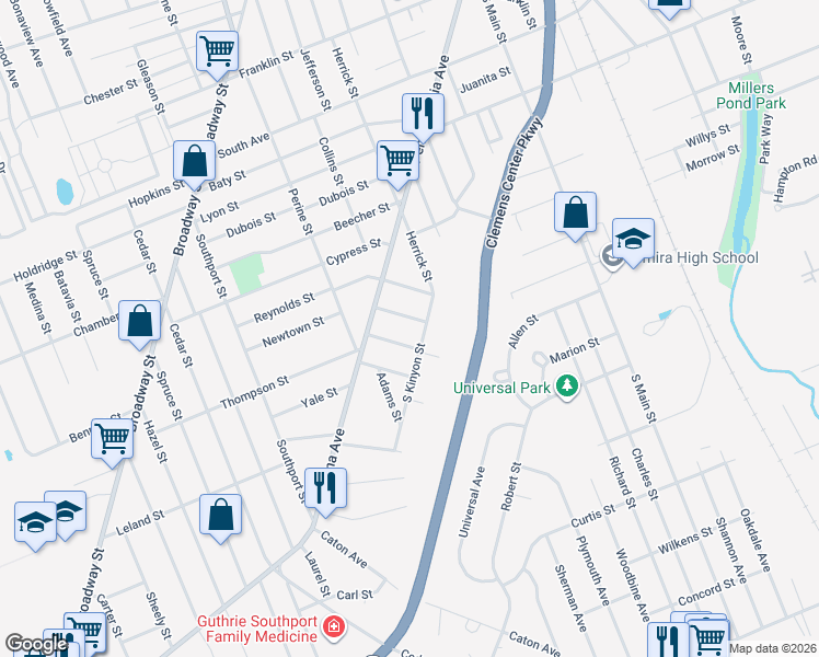 map of restaurants, bars, coffee shops, grocery stores, and more near 460 Albert Street in Elmira