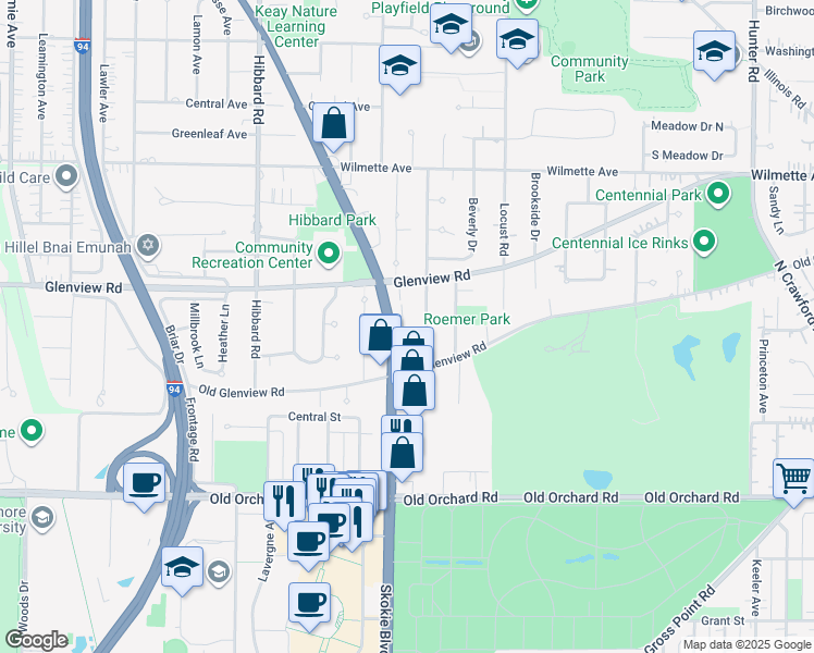 map of restaurants, bars, coffee shops, grocery stores, and more near 219 Sunset Drive in Wilmette