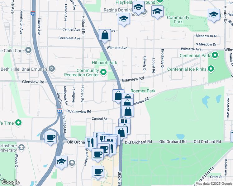 map of restaurants, bars, coffee shops, grocery stores, and more near 225 Skokie Boulevard in Wilmette