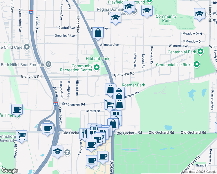 map of restaurants, bars, coffee shops, grocery stores, and more near 225 Skokie Boulevard in Wilmette