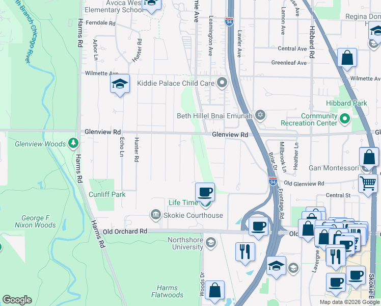 map of restaurants, bars, coffee shops, grocery stores, and more near 714 Laramie Avenue in Glenview