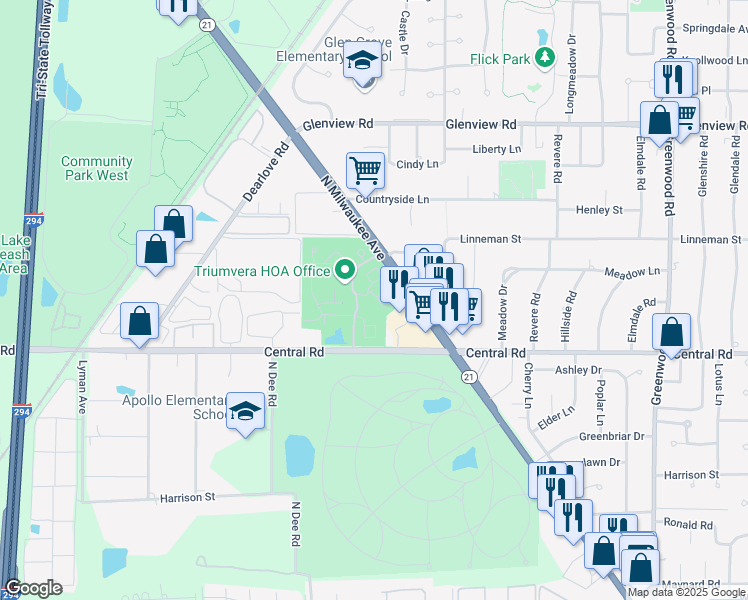 map of restaurants, bars, coffee shops, grocery stores, and more near 3700 Capri Court in Glenview