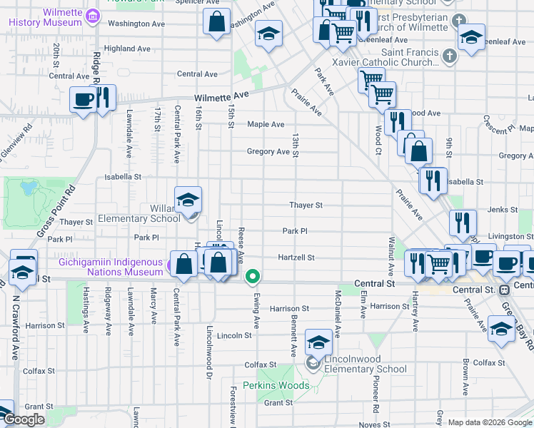 map of restaurants, bars, coffee shops, grocery stores, and more near 2717 Ewing Avenue in Evanston